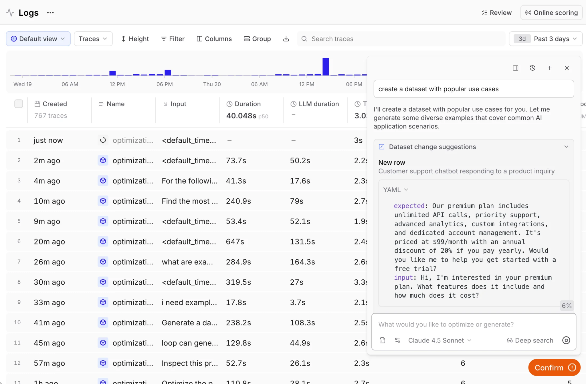 Braintrust Logs page with the Loop panel open, proposing dataset change suggestions that add a new row with input and expected fields drawn from logged traces