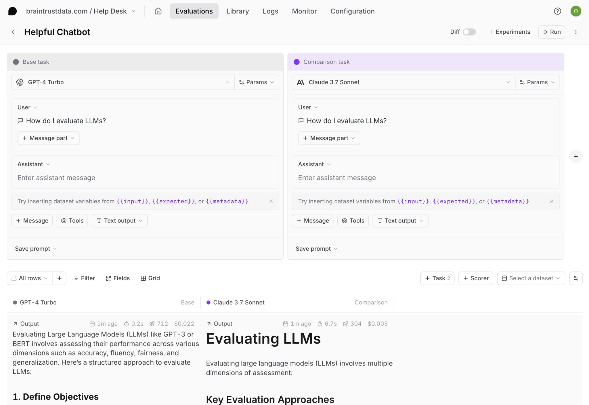 Braintrust Playground with side-by-side model configurations, dataset variables, and tool setup for MCP evals